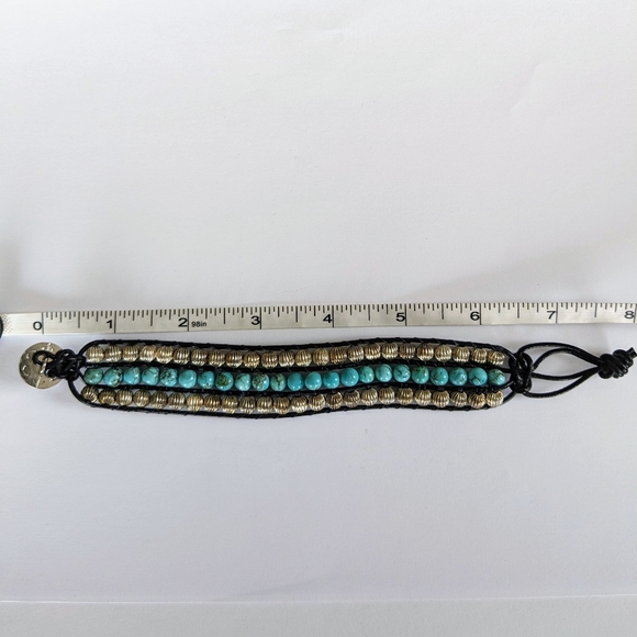 Leather Cord Cuff Bracelet with Teal Howlite and Silver Metal Beads - Picture 5 of 6